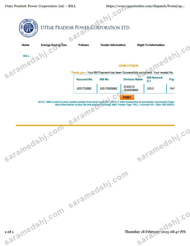 India Uttar Pradesh Power Corporation Limited utility bill template in Word and PDF formats